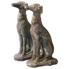 Pair of Antique French Outdoor Weathered Carved Stone Greyhound Dog Sculptures