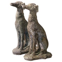 Pair of Vintage French Outdoor Weathered Carved Stone Greyhound Dog Sculptures