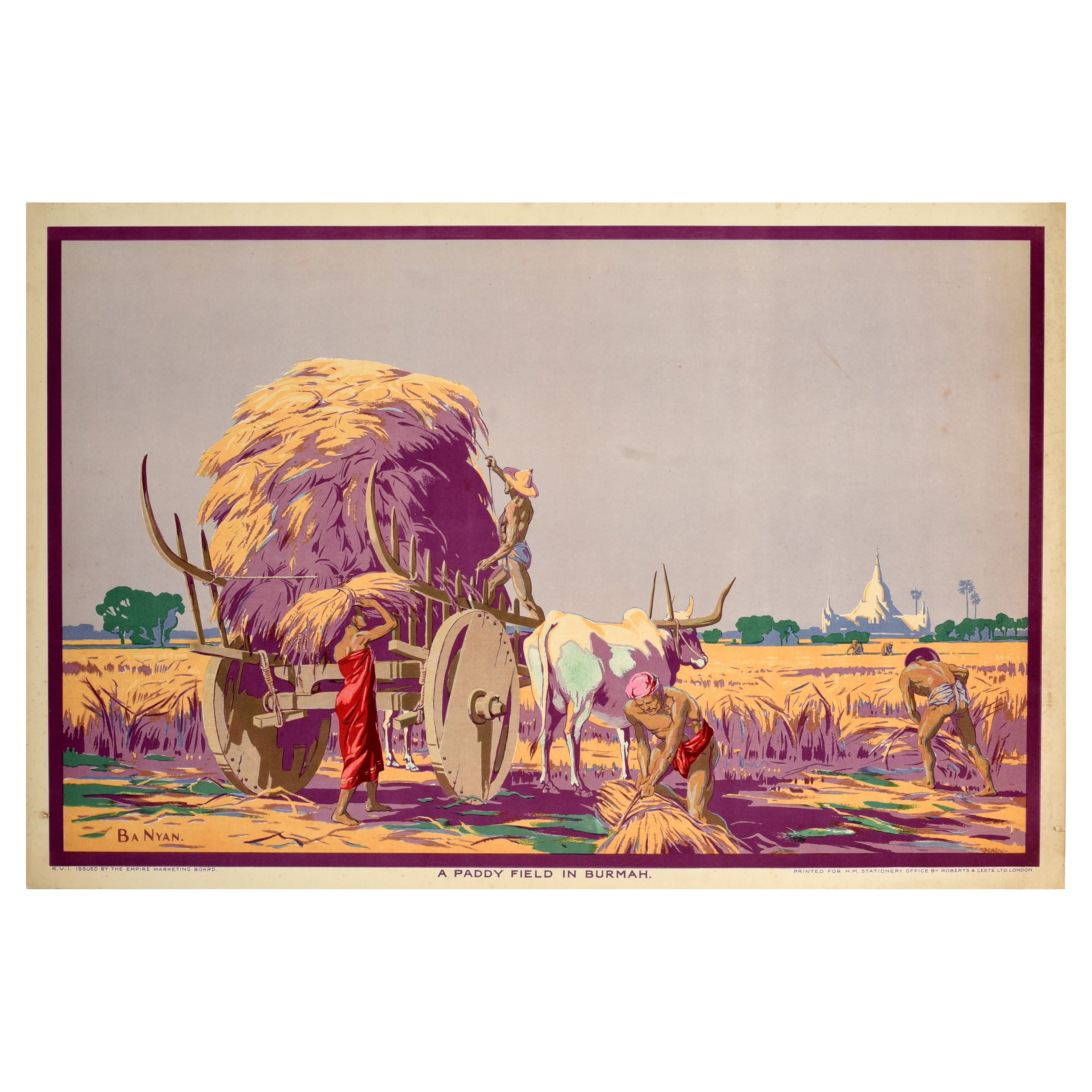 Affiche vintage d'origine Empire marketing Board Paddy Field Burma EMB Ba Nyan