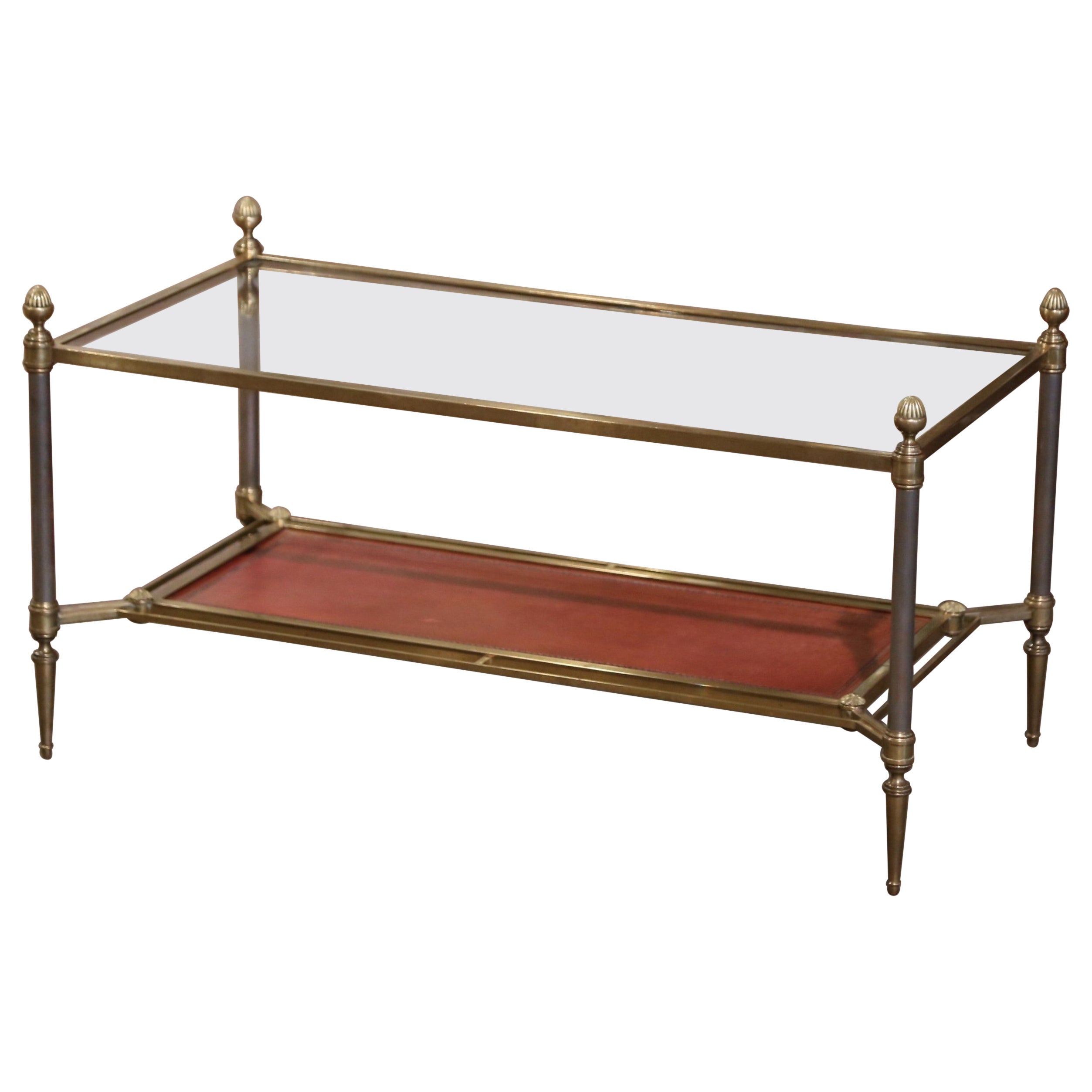 Mid-Century French Bronze and Leather Two-Tier Coffee Table from Maison Jansen