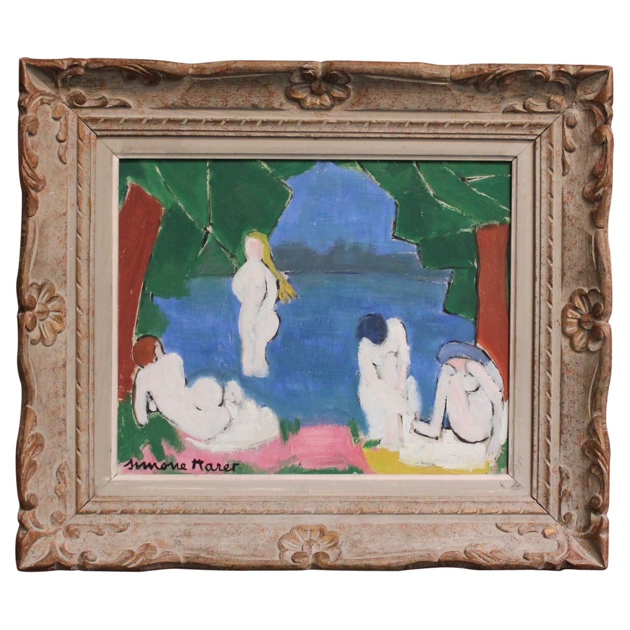 French Figural Nude Oil on Board by Simone Haret For Sale