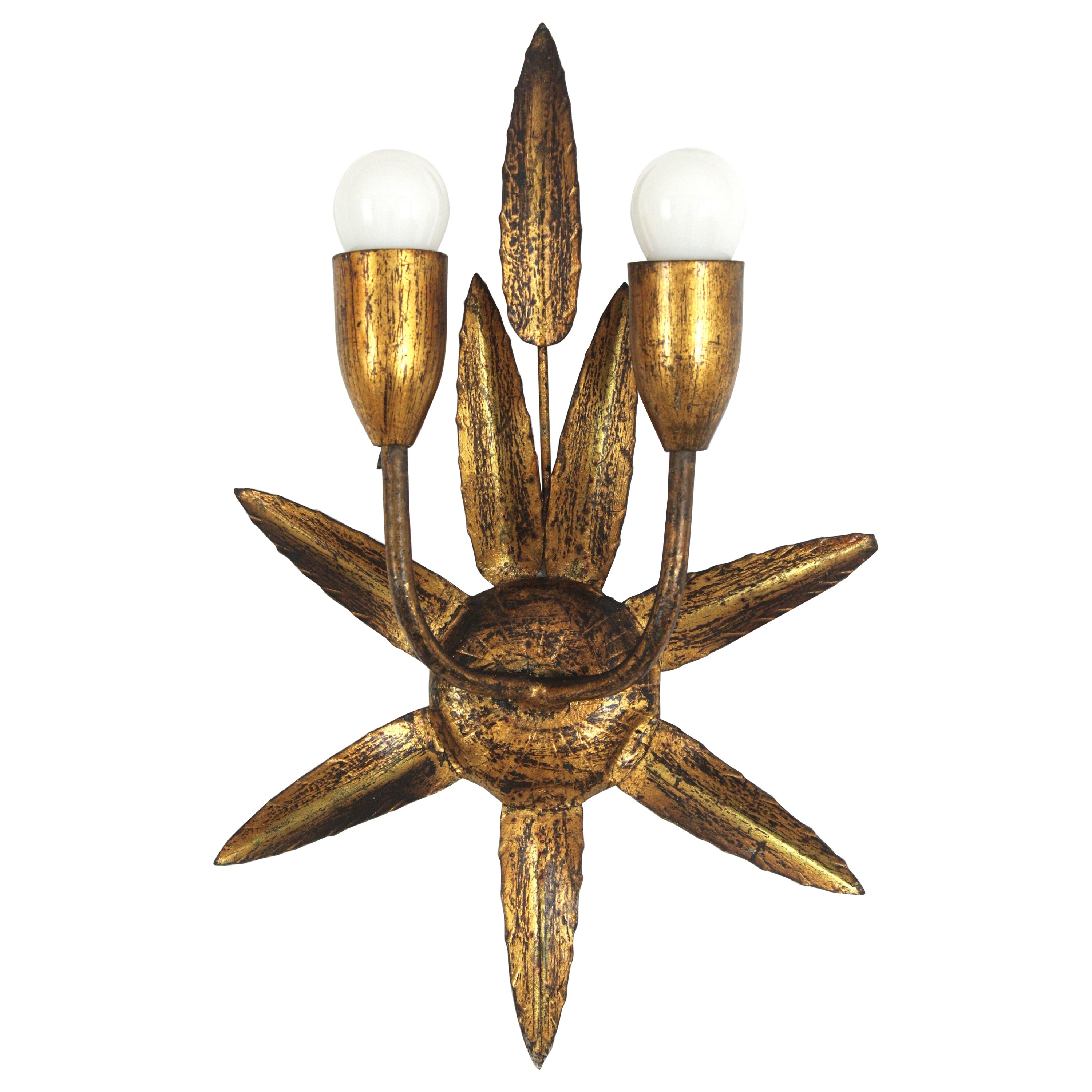 Spanish Gilt Iron Wall Sconce with Foliage Design and Starburst Backplate, 1950s For Sale