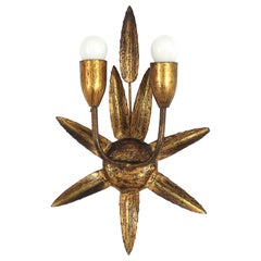 Vintage Spanish Gilt Iron Wall Sconce with Foliage Design and Starburst Backplate, 1950s