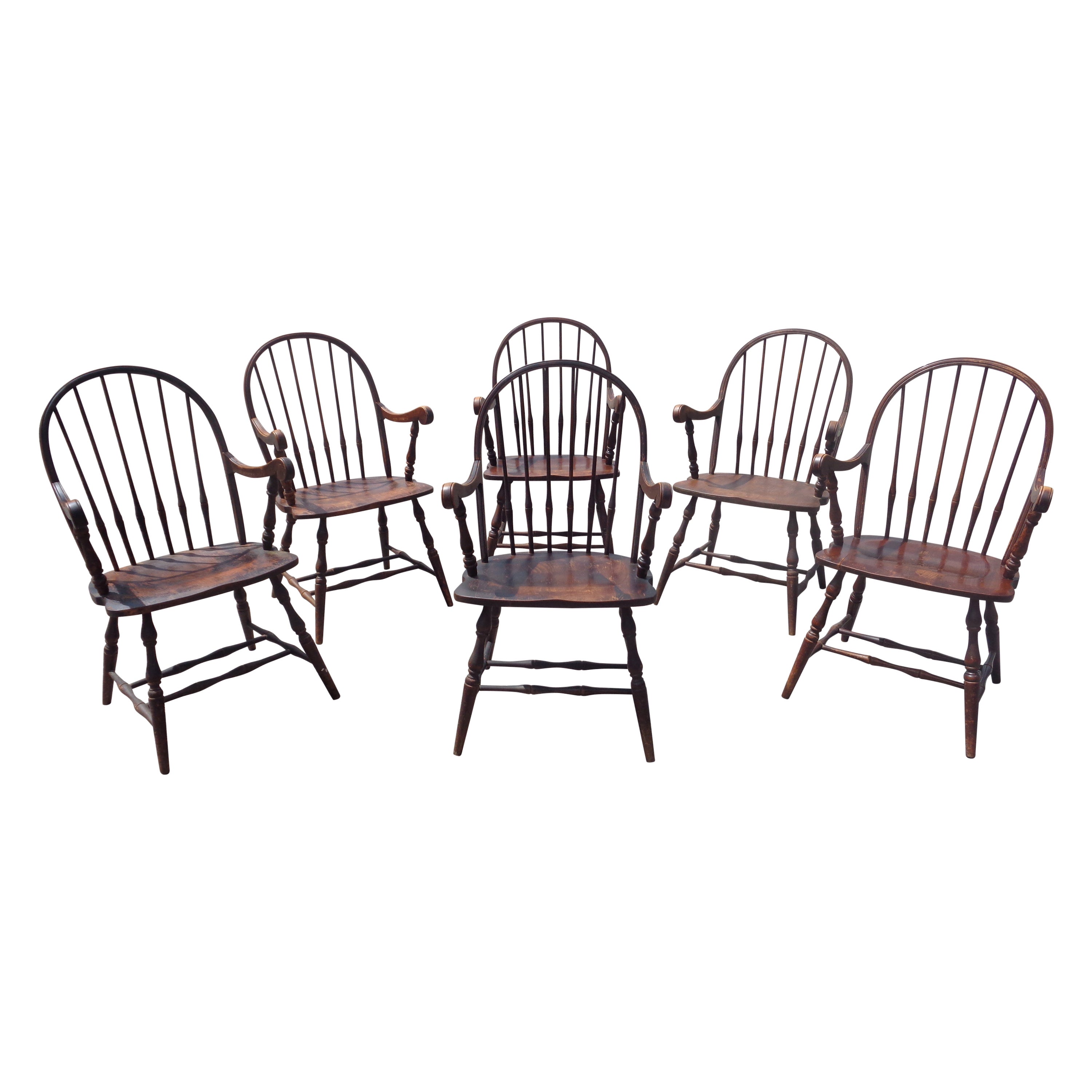 Satz von sechs amerikanischen Windsor-Sesseln mit Creolenrückenlehne, um 1940 im Angebot