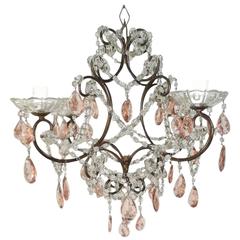 French Pink Crystal Prisms and Swags Chandelier, circa 1920