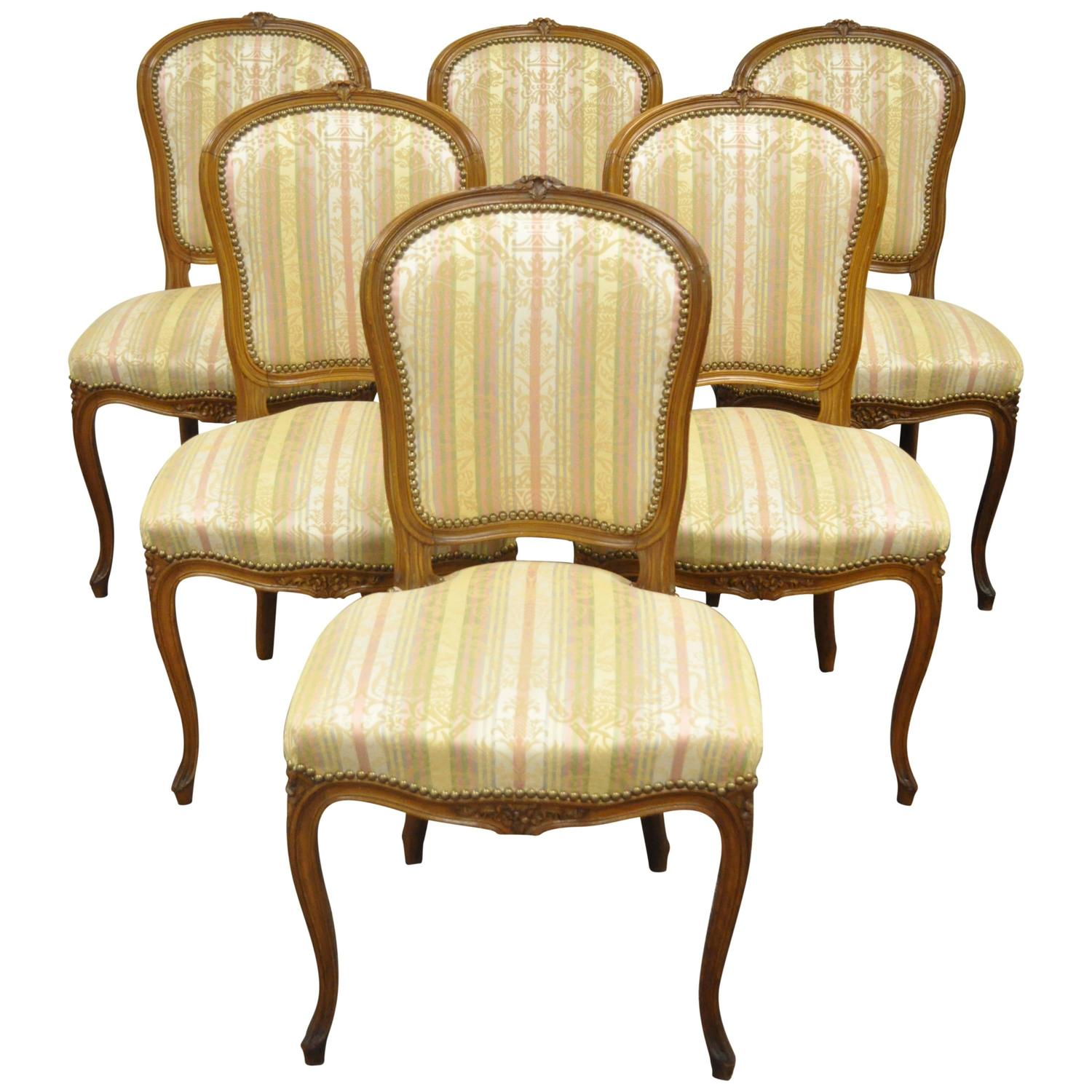 Set of Six Carved Walnut French Louis XV Style Dining Side Chairs