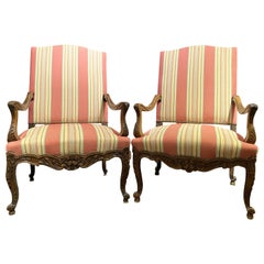 Vintage Pair of Louis XV Style Fruitwood Arm Chairs w/ Brunschwig & Fils Striped Fabric