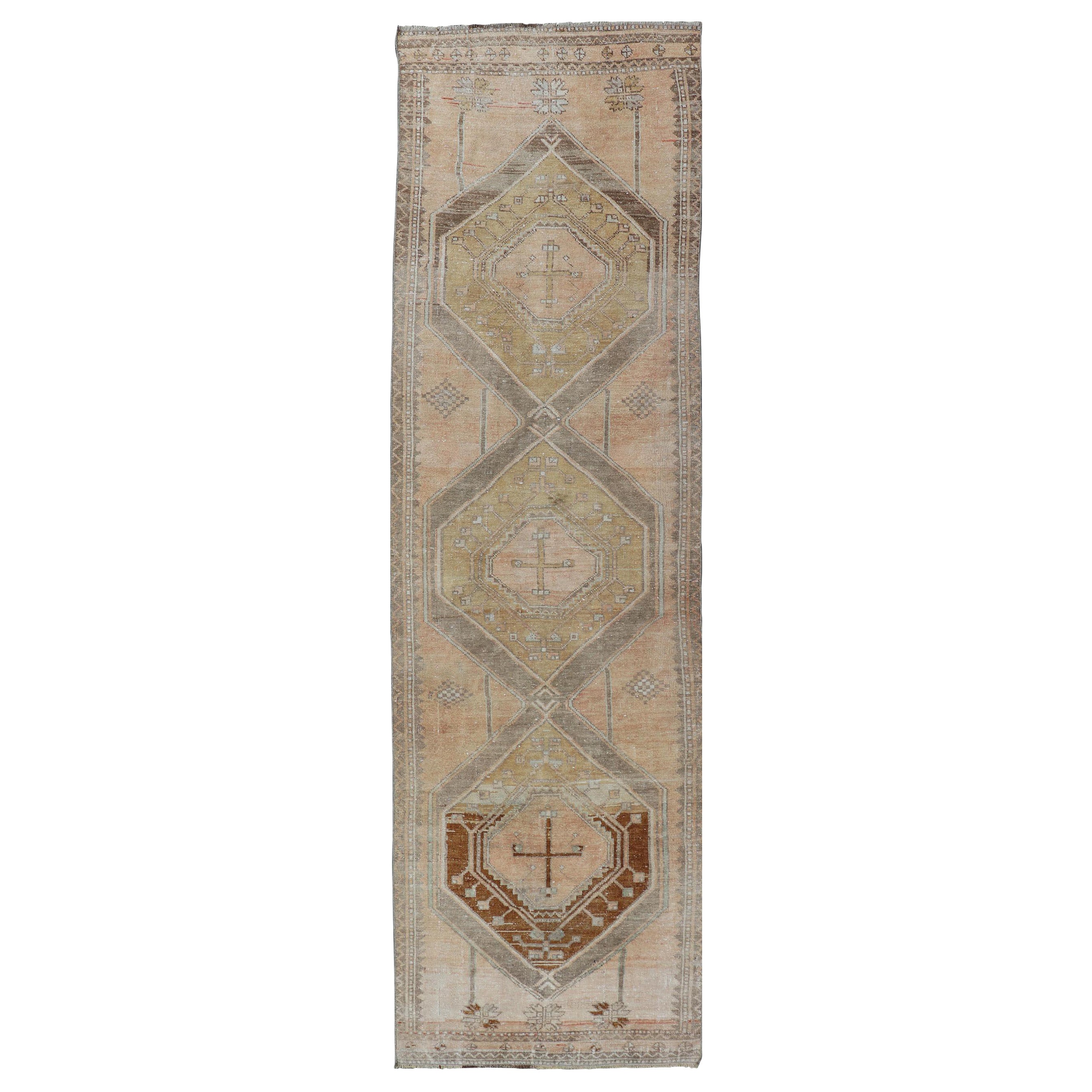 Vintage Turkish Geometric Oushak Runner in Warm Beige and Gold Tones