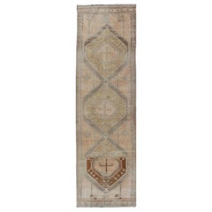 Vintage Turkish Geometric Oushak Runner in Warm Beige and Gold Tones