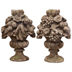 Pair of Vintage French Carved Weathered Outdoor Vases with Fruit Decor