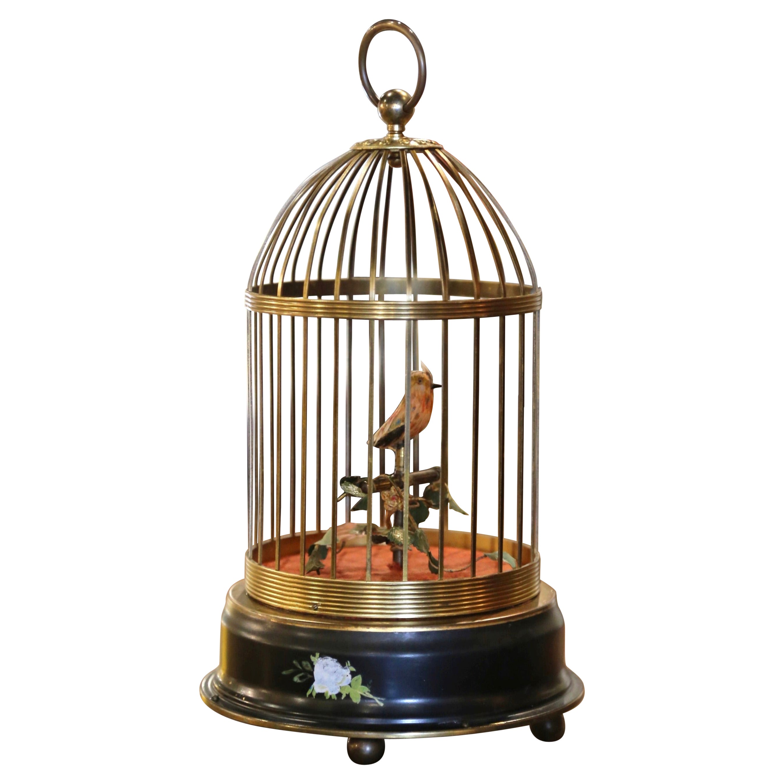 Mid-Century Swiss Automaton Brass Cage with Moving and Singing Bird