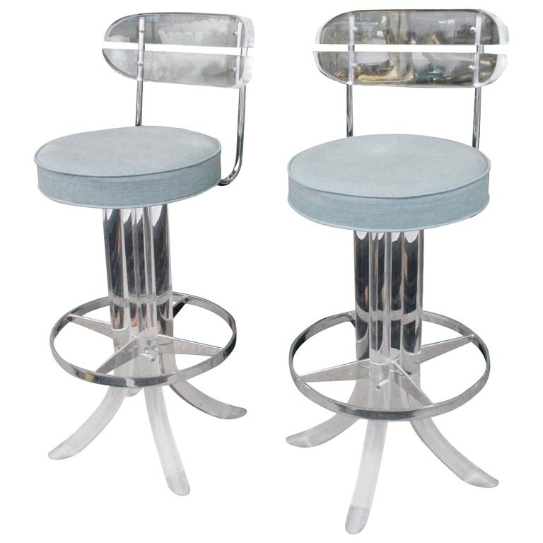 Pair of Lucite Chrome Charles Hollis Jones Hill Bar Stools, Swivel, CHJ