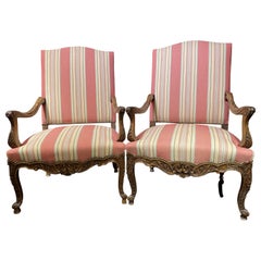 Vintage Pair of Louis XV Style Fruitwood Arm Chairs w/ Brunschwig & Fils Striped Fabric