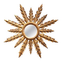 Mid-Century French Carved Giltwood Painted Wall Sunburst Mirror