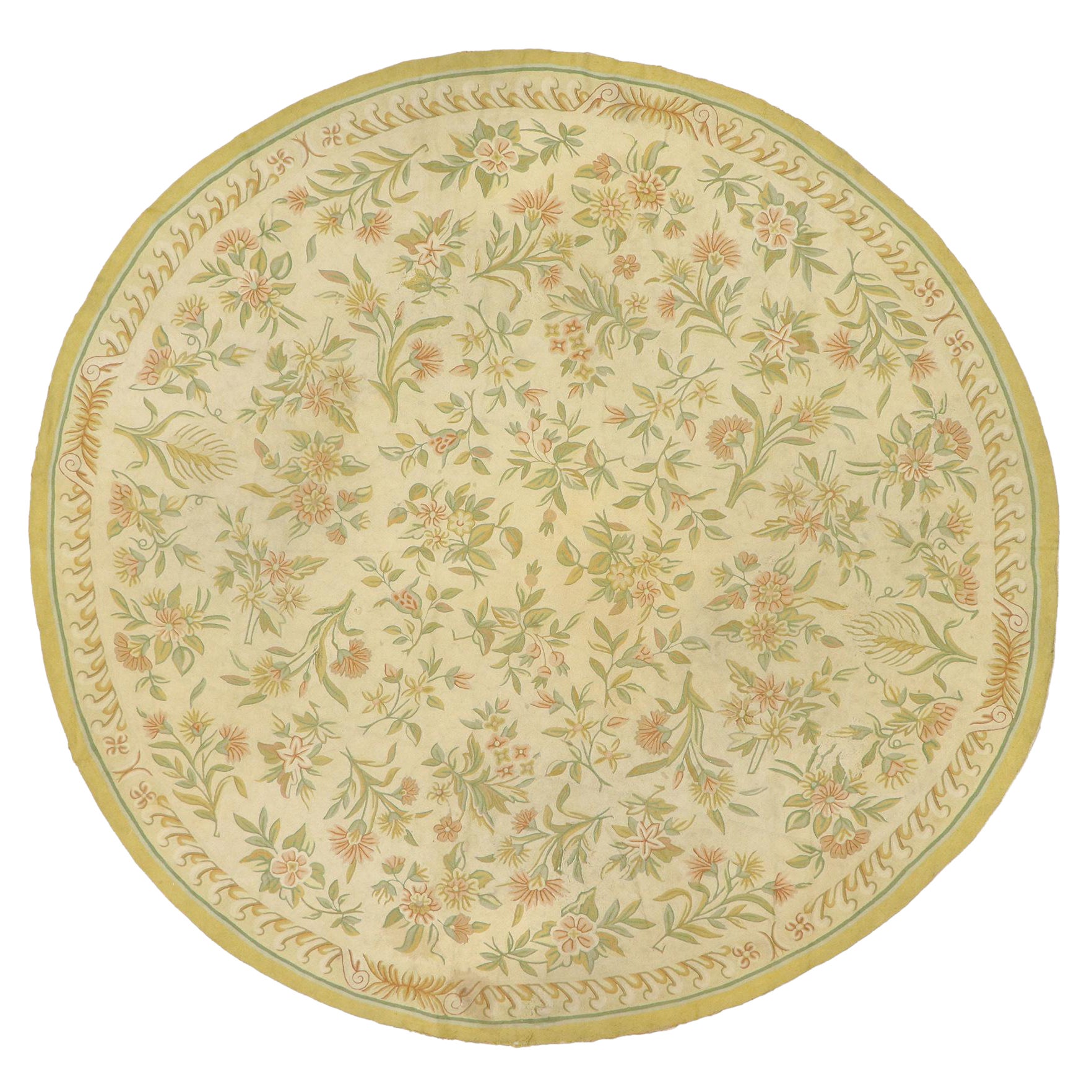 Antique Indian Floral Chainstitch Round Area Rug For Sale