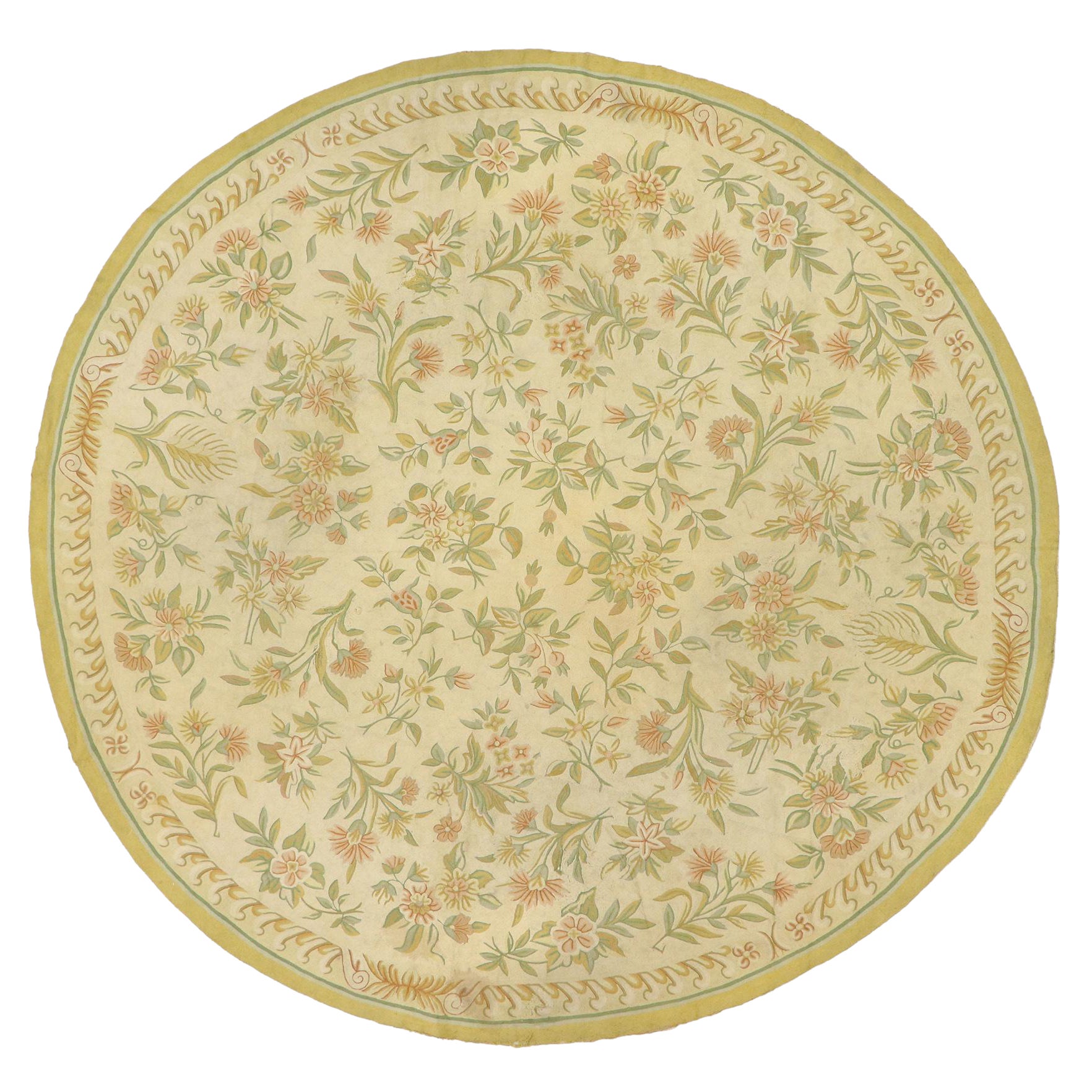 Antique Indian Floral Chainstitch Round Area Rug, 08'07 x 08'11