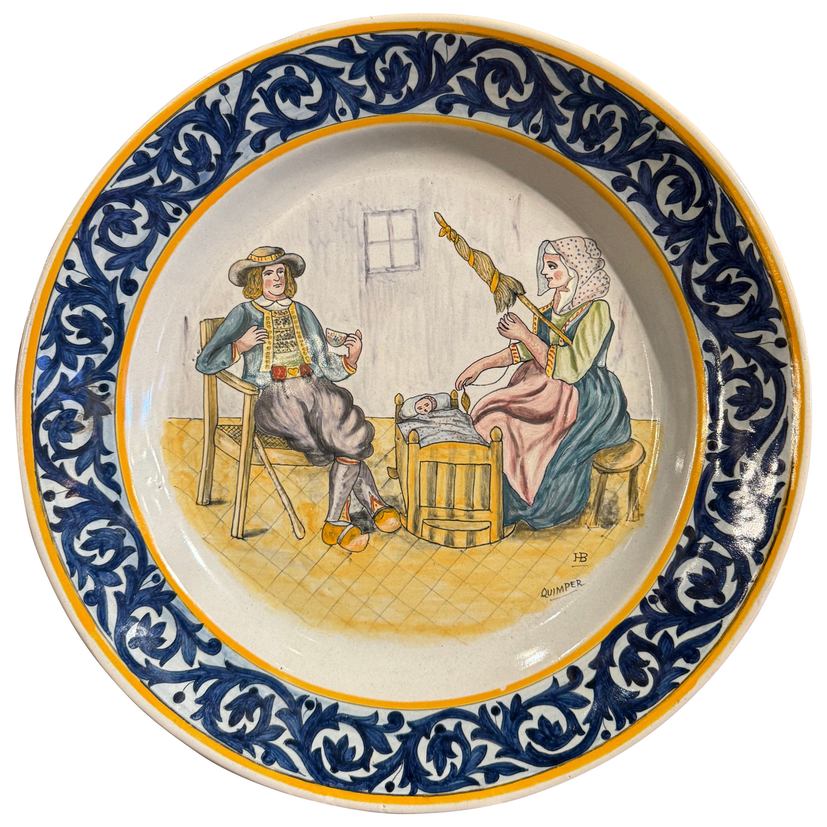 Plato Quimper HB de loza pintado a mano francés de principios del siglo XX