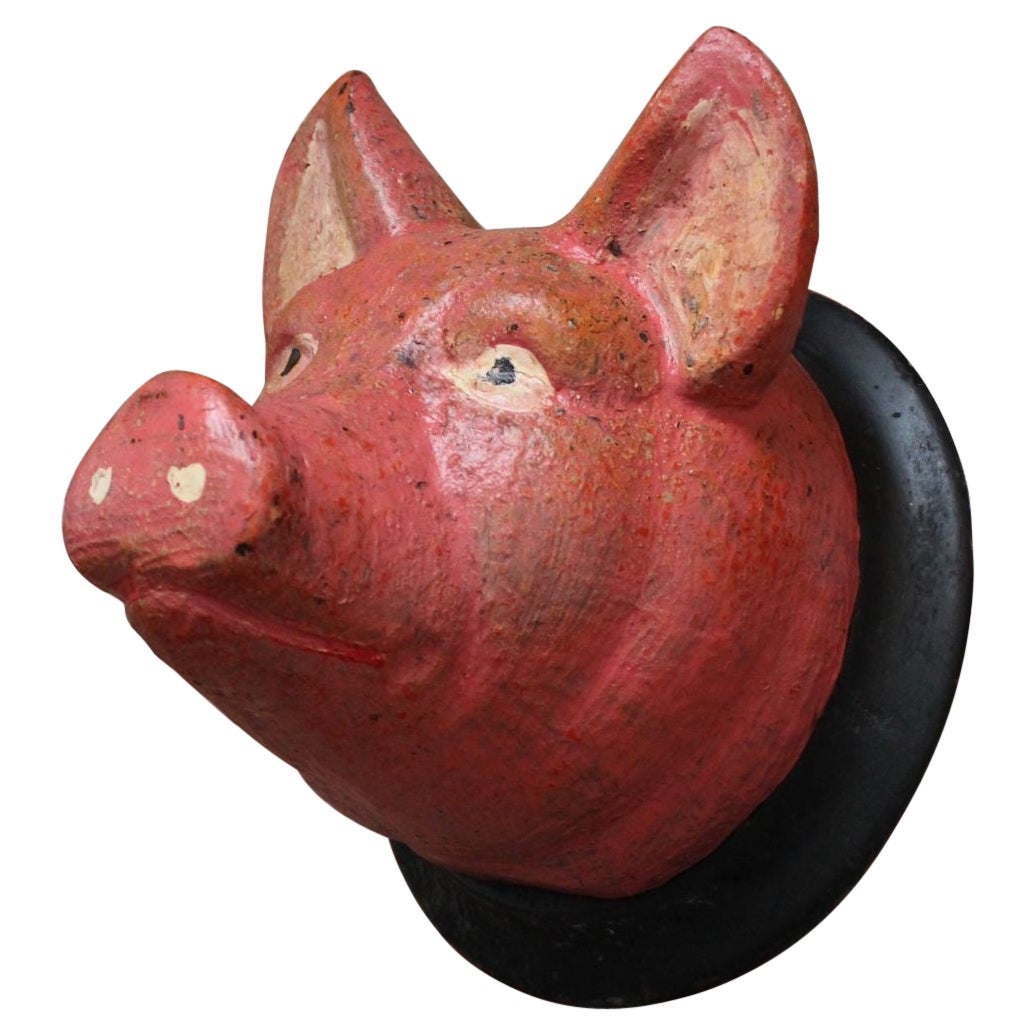 Vintage German Carved and Painted Black Forest Pig Mounted Wall Sculpture For Sale