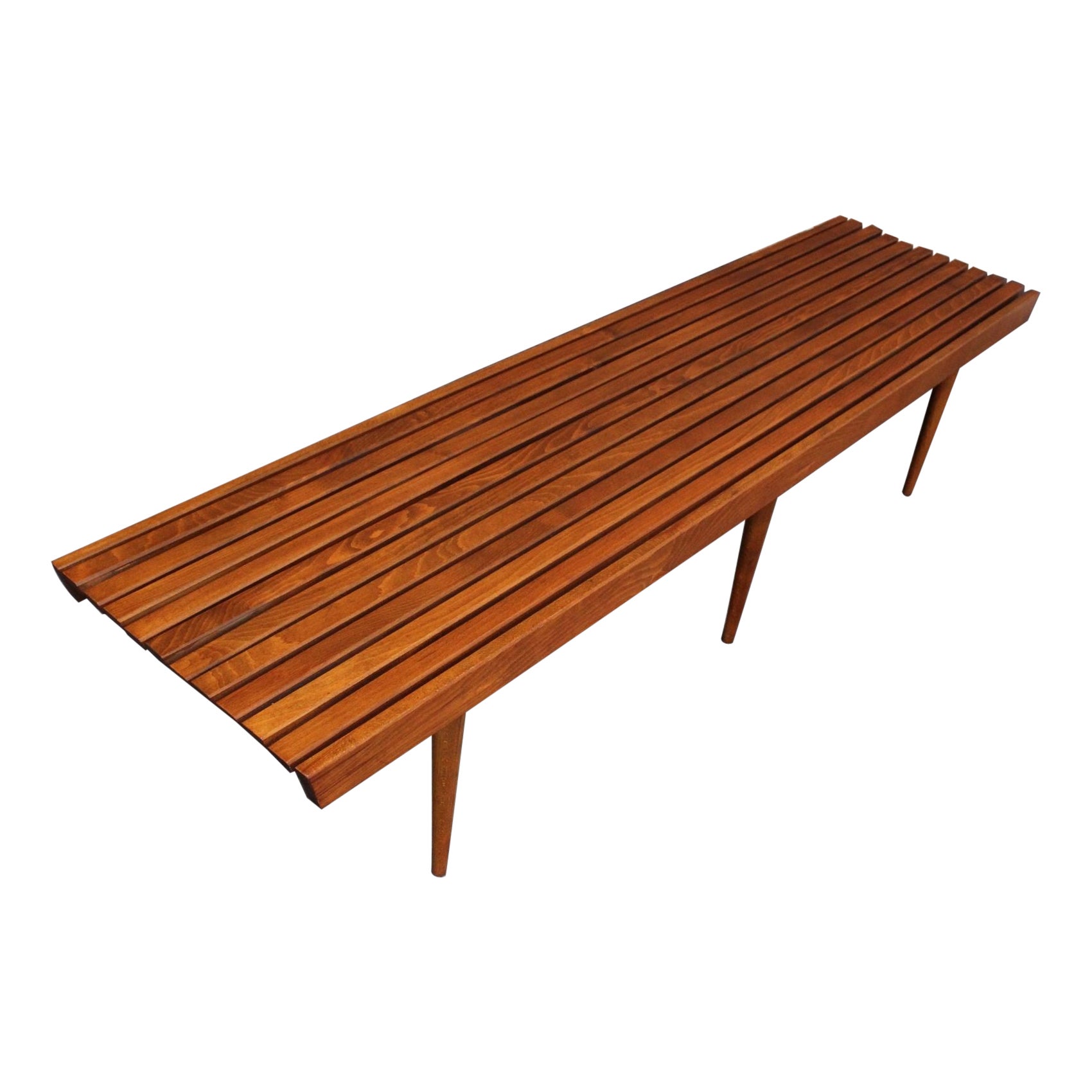 Long Mid-Century Modern Walnut Slatted Bench / Coffee Table with Tapered Legs For Sale
