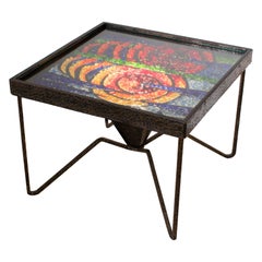Vintage Mid-Century Wrought Iron and Mosaic Side Coffee Table, France 1960s