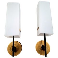 Italian pair of  Applyques Brass Structure with White Opaline Glass 