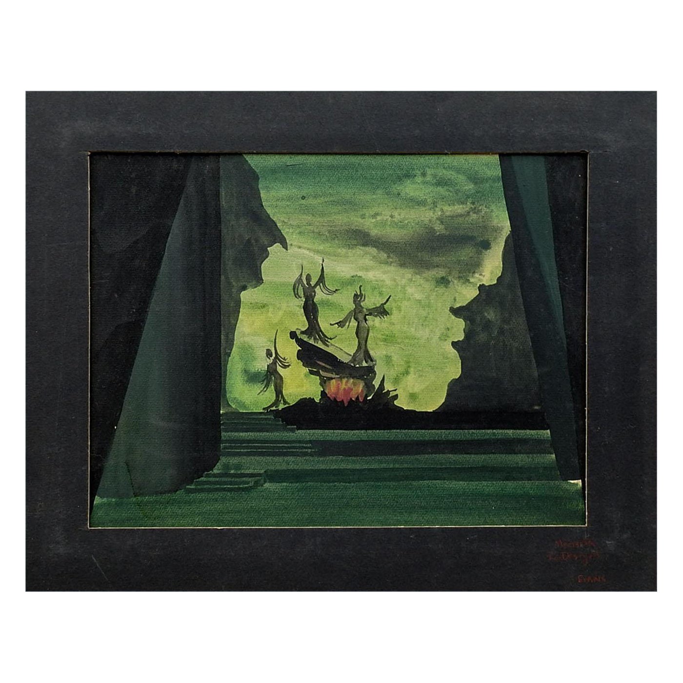 Vintage Mid Century Macbeth Theater Set Design 3 Witches Painting For Sale