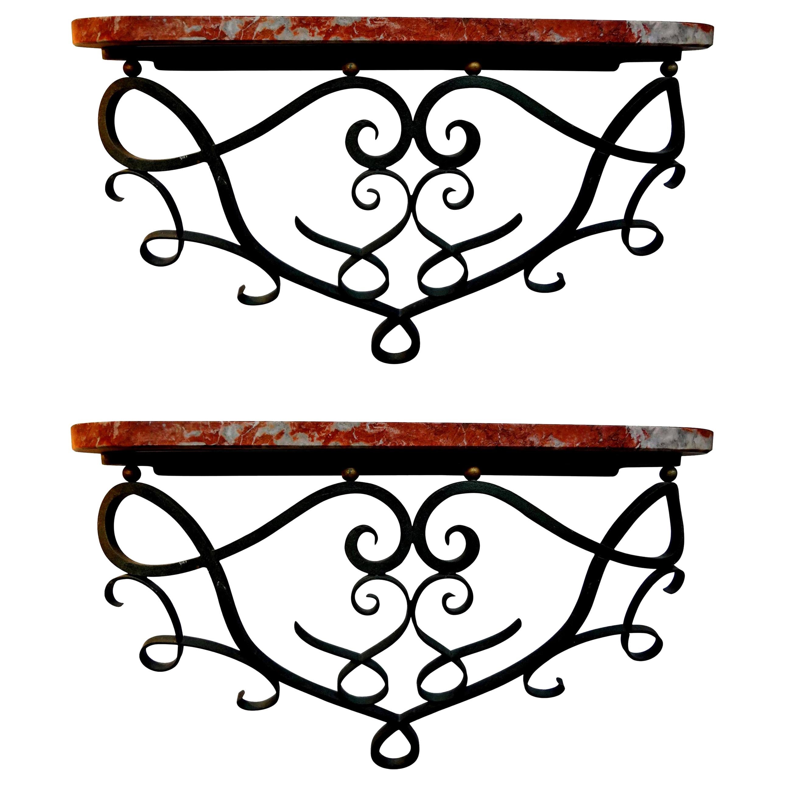 Raymond Subes Style French Art Deco Wrought Iron Wall Consoles-Near Pair