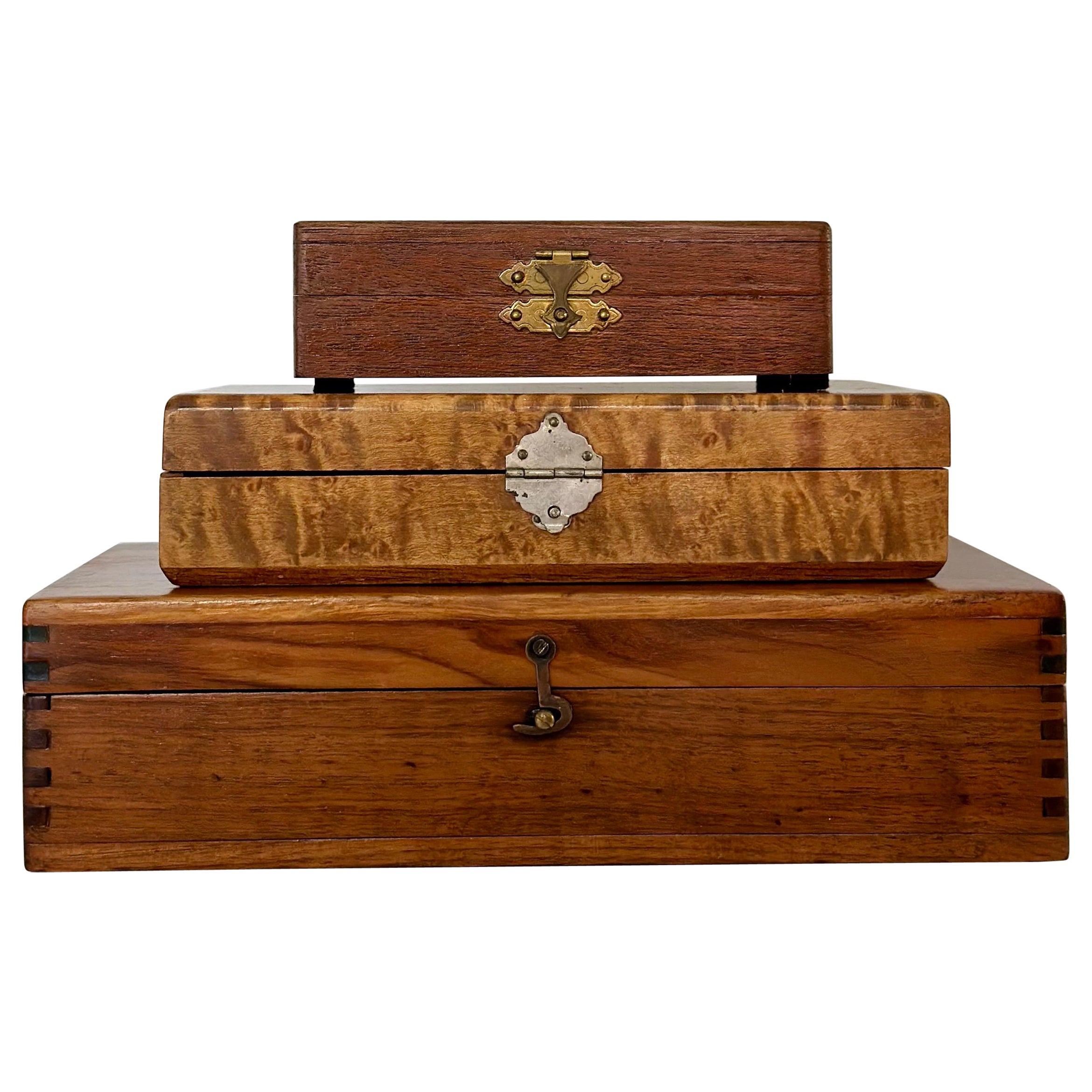Antique Wood Vanity Jewelry Rectangular Boxes – Set of 3  For Sale