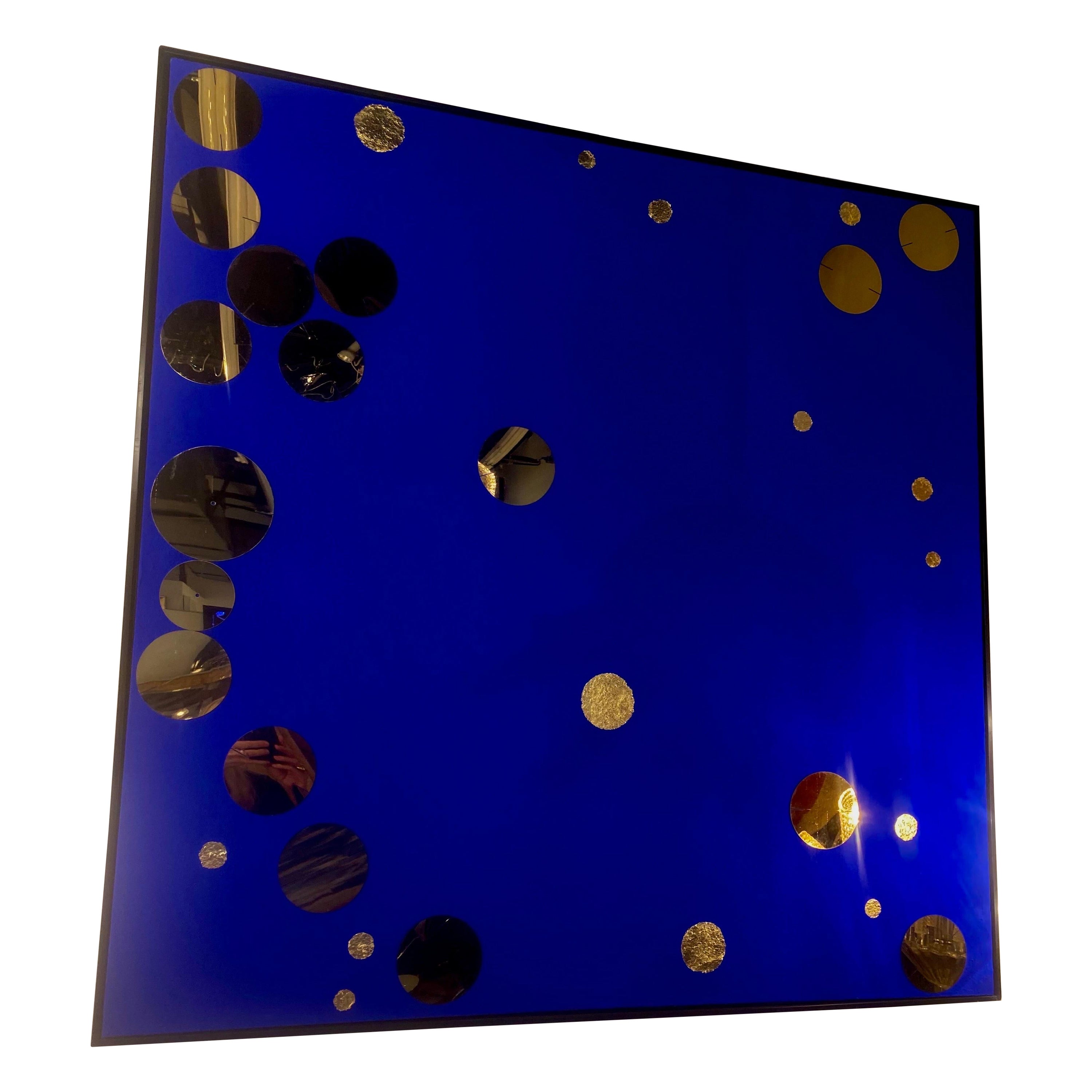 Mid- Century Modern Abstract Blue with Gold Leaf and Gold Metal Bubble Painting For Sale