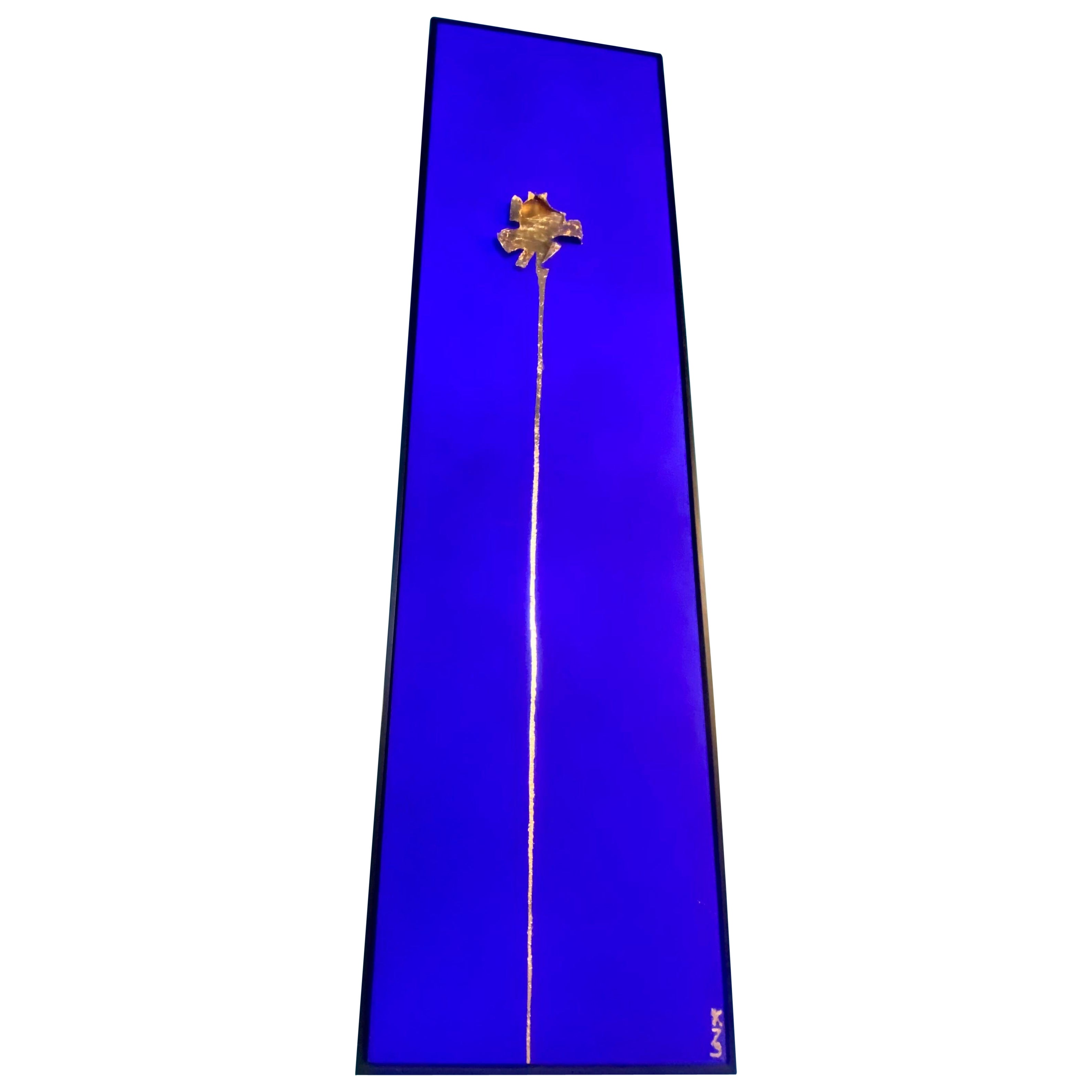 Unique Relief Gold Leaf Flower on Large Blue Klein Background Abstract Painting  For Sale