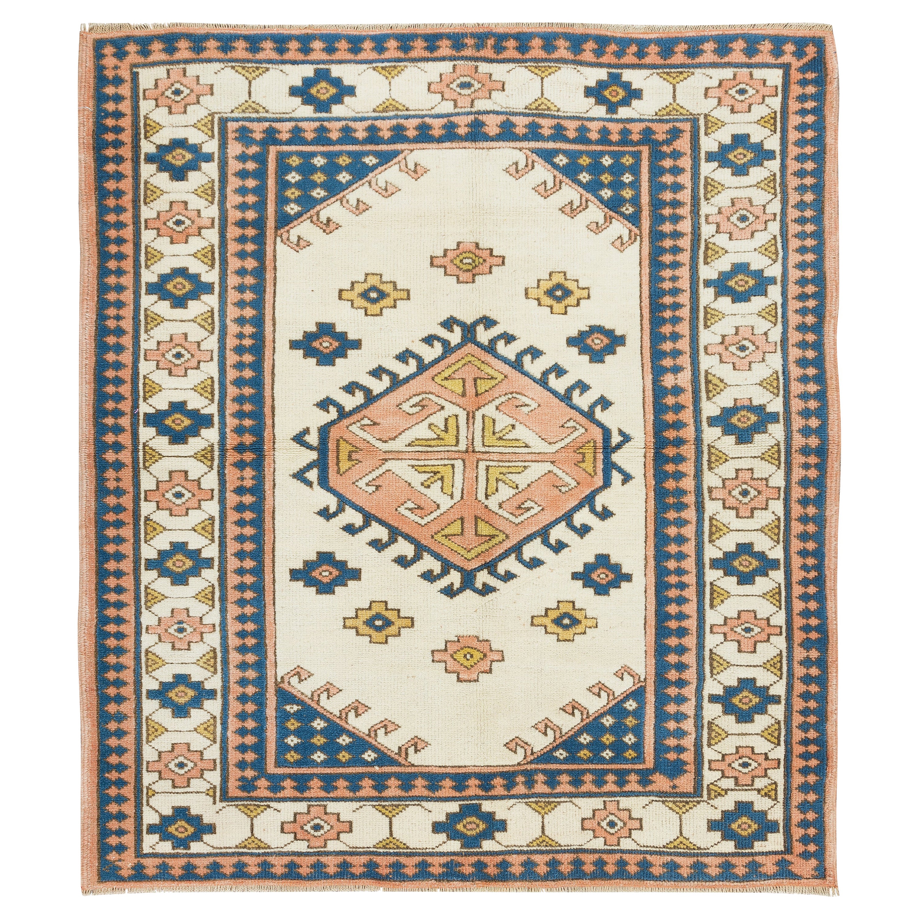 4.6x5.3 Ft Modern Turkish Wool Rug, Contemporary Geometric Hand-Knotted Carpet For Sale