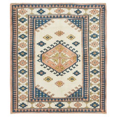 4.6x5.3 Ft Vintage Turkish Wool Rug, One of a Kind Geometric Hand-Knotted Carpet