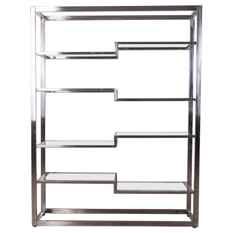 Vintage 1970s chrome metal and glass bookcase Italian design For Sale