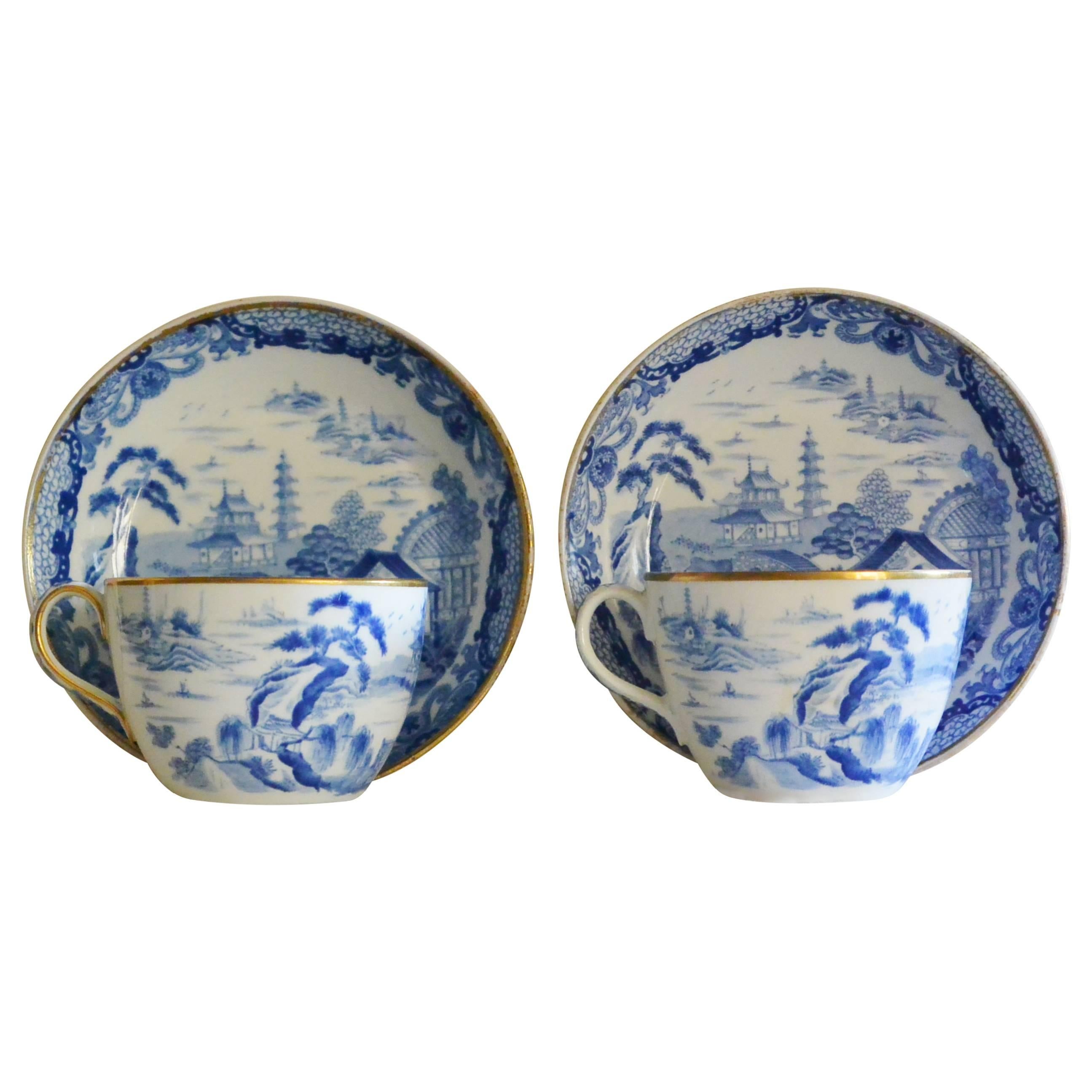 Pair of Wedgwood Blue and White Chinoiserie Cups and Saucers 