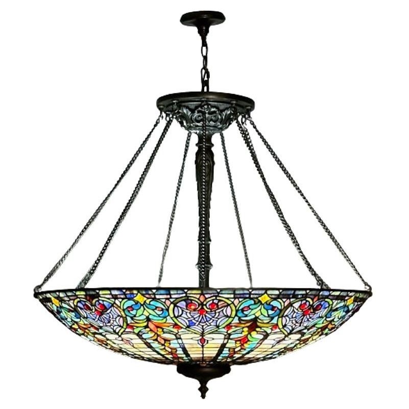 Quoizel, Tiffany Style, Bowl Chandelier, Resin, Art Glass, Bronze, 2010s For Sale