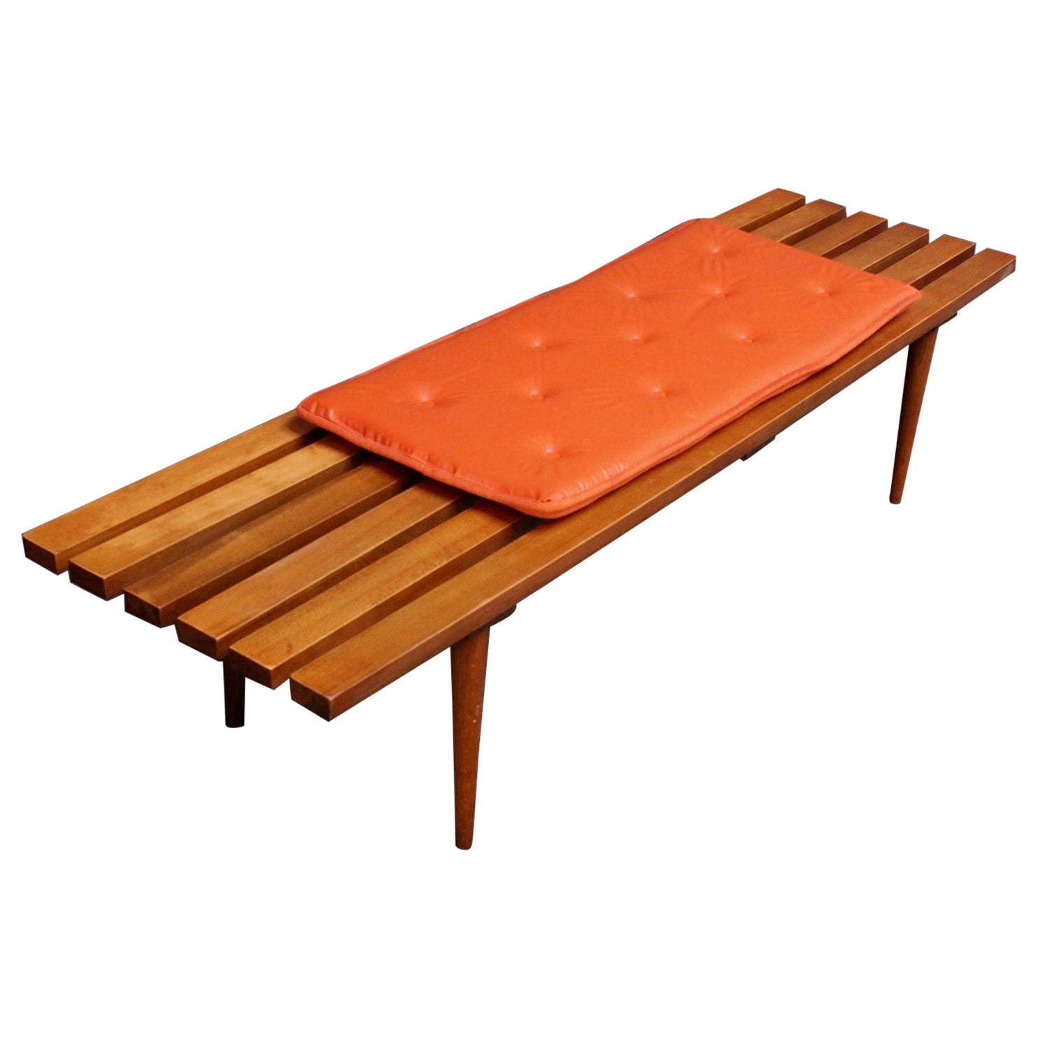 Mid-Century Modern Slat Oak Bench / Coffee Table with Tapered Legs and Cushion For Sale