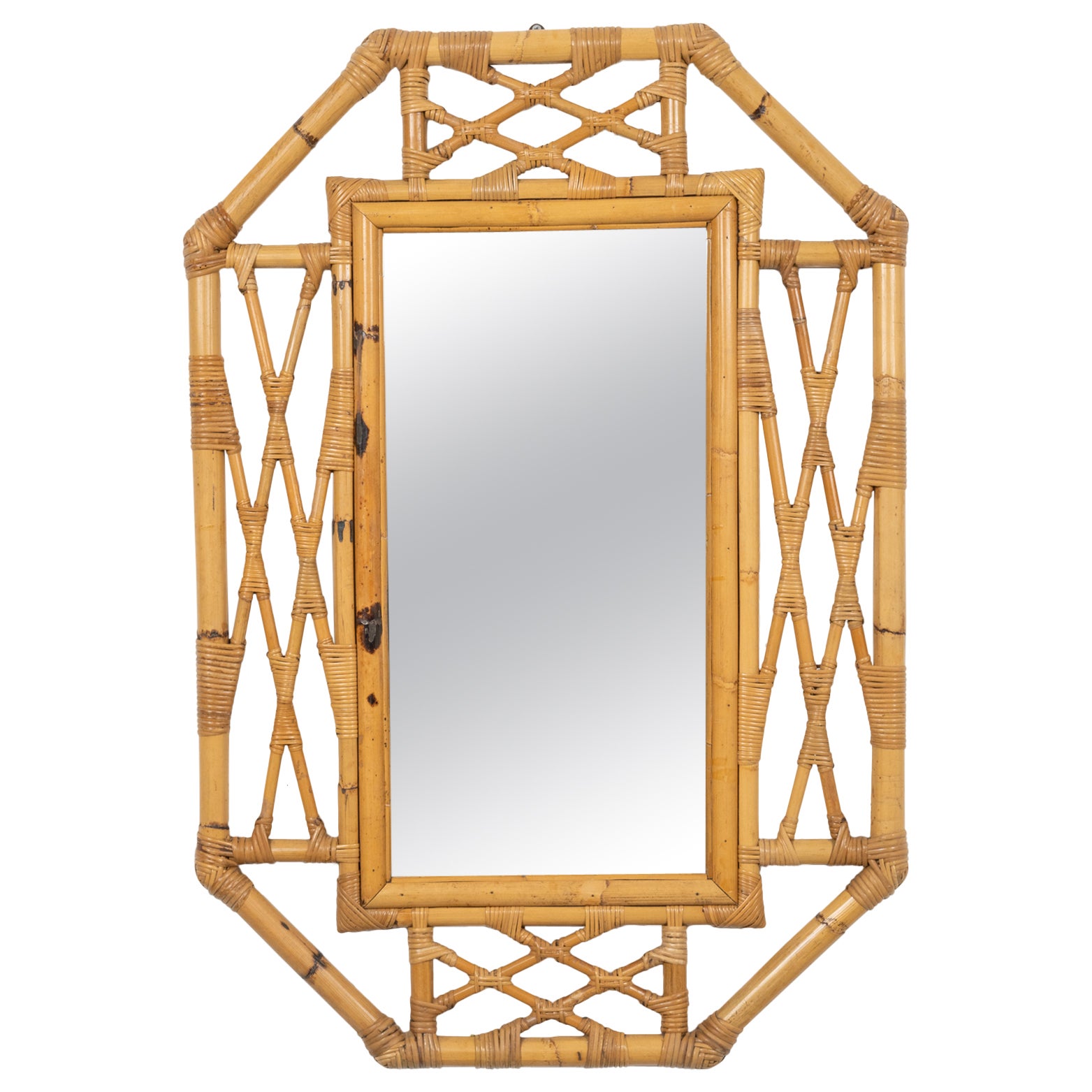 Midcentury Bamboo and Rattan Wall Mirror Vivai Del Sud Style, Italy 1970s For Sale