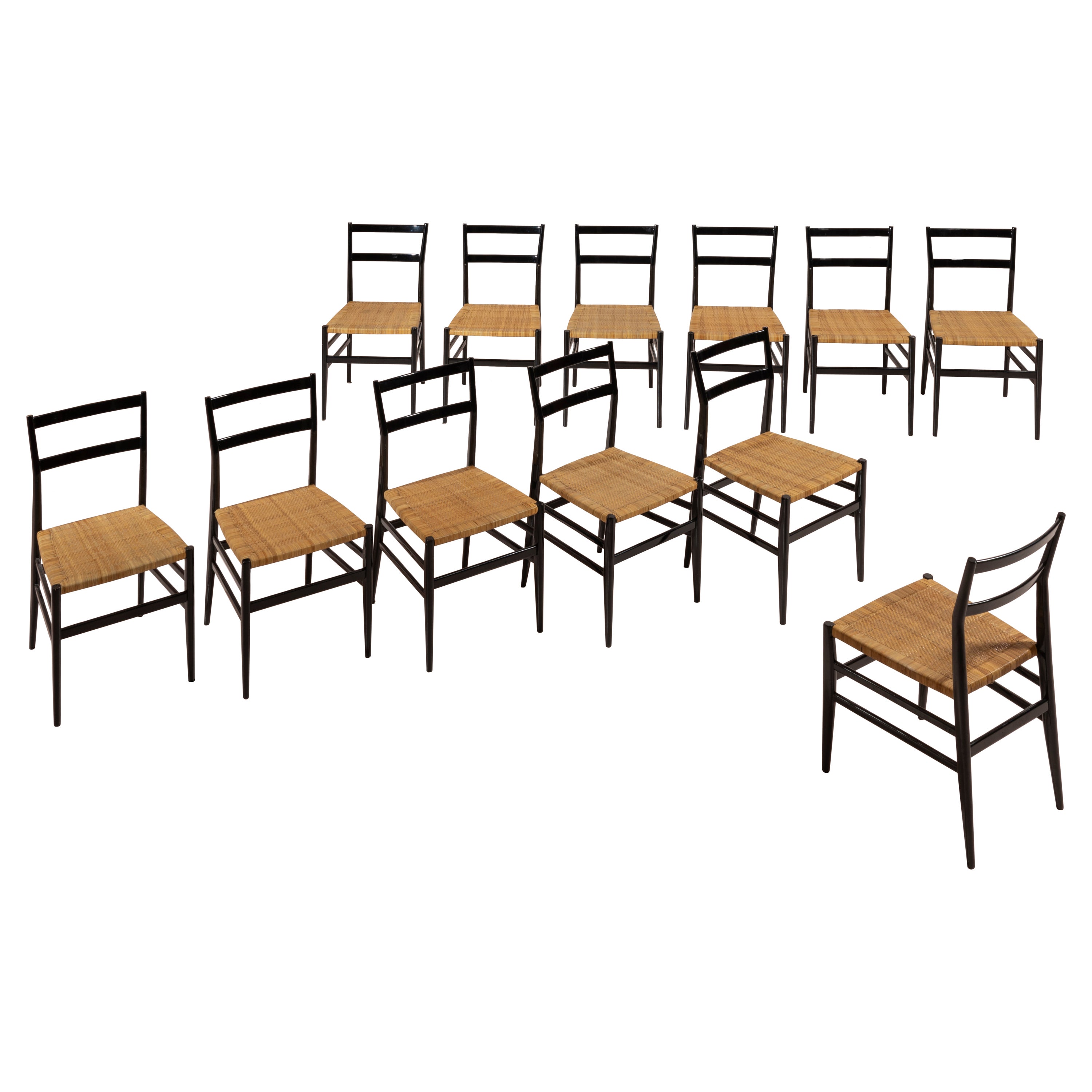 Gio Ponti set of twelve Leggera chairs with hand-woven rattan cane, Italy 1951 For Sale