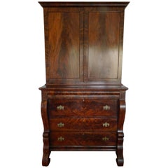 Antique American Empire Style Crotch Mahogany Secretary and Bookcase, Late 18th Century