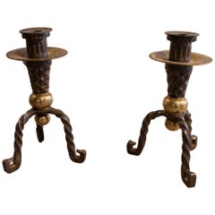 Antique 19th Century Pair of Bronze and Wrought Iron Candlesticks 