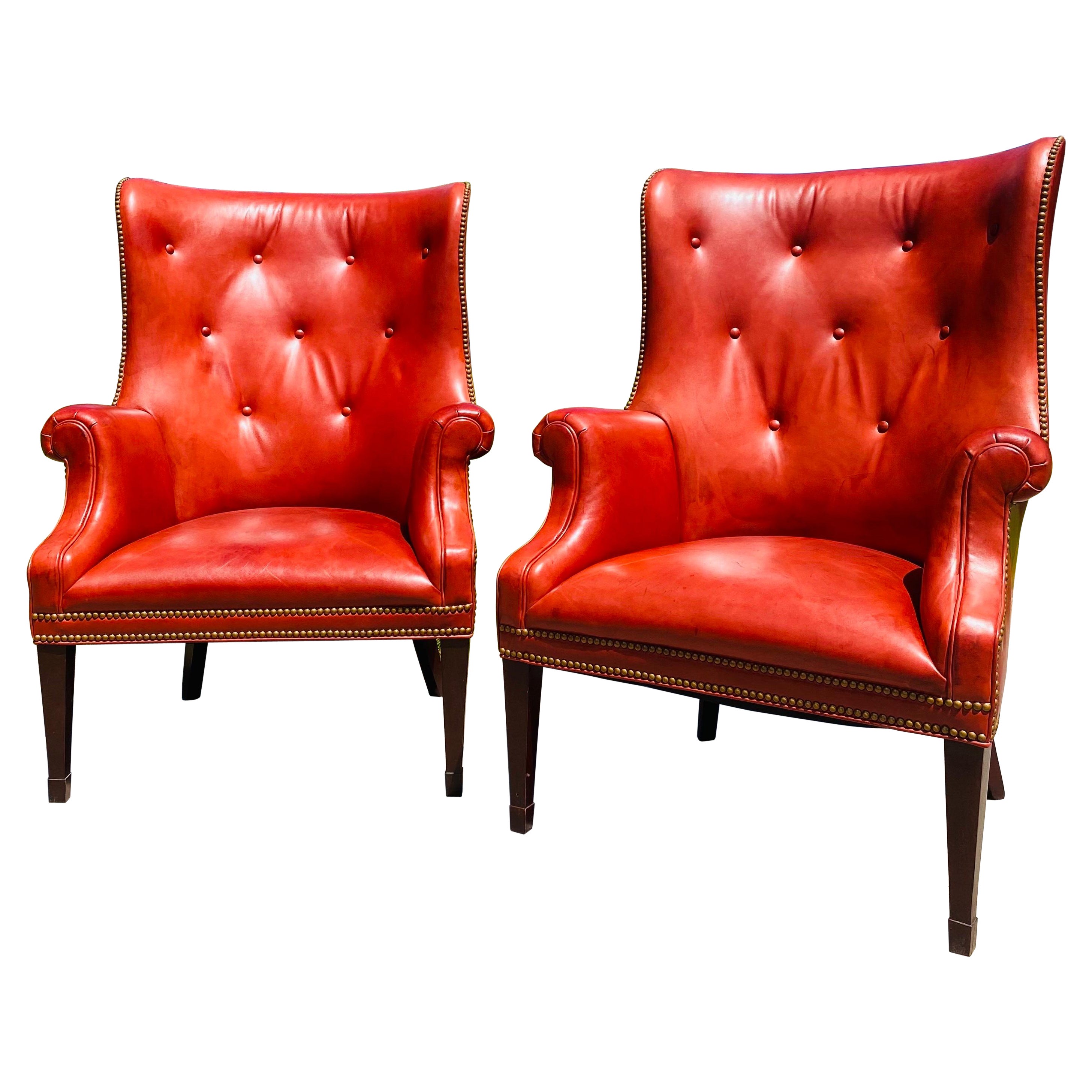Vintage Hendrixsons Regency style leather wing chairs/a pair For Sale