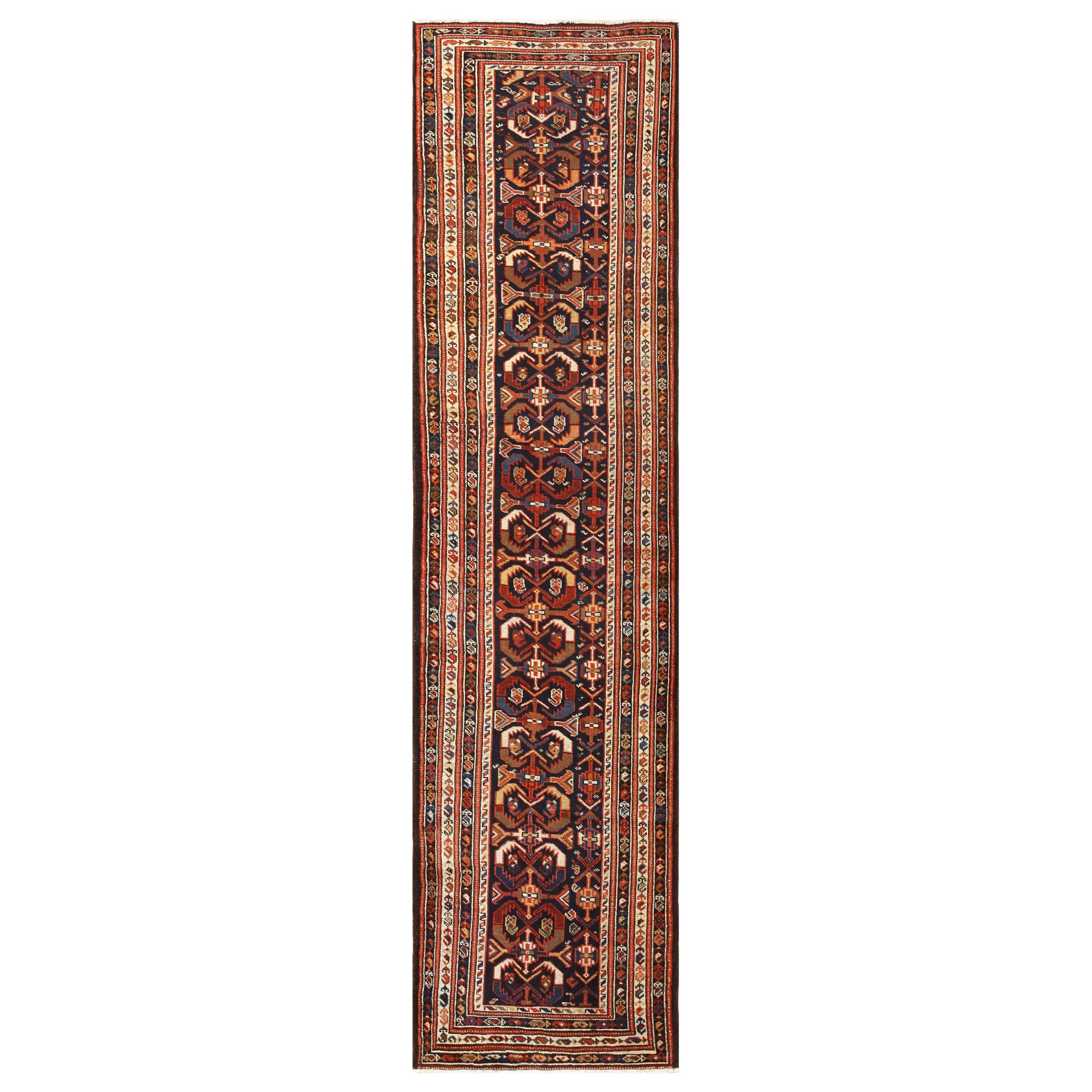 Beautifully Tribal Blue Herati Antique Persian Malayer Runner Rug 3' x 10'10" For Sale