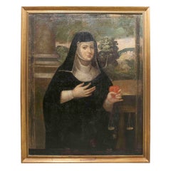 Peinture religieuse d'une nonne peinte à l'huile sur toile encadrée du 18ème siècle