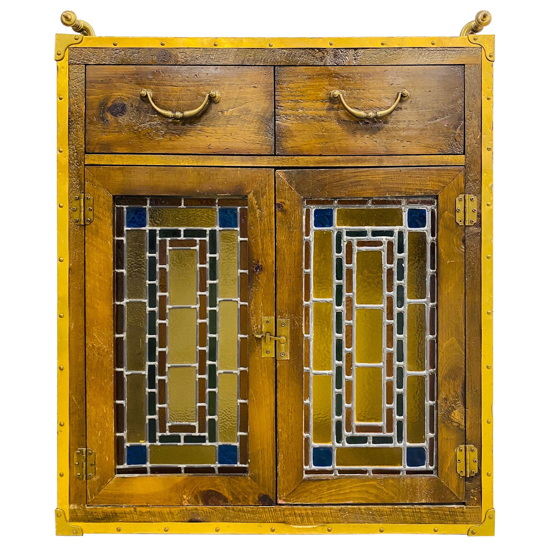Vintage rustic stained glass two door cabinet by Habersham For Sale
