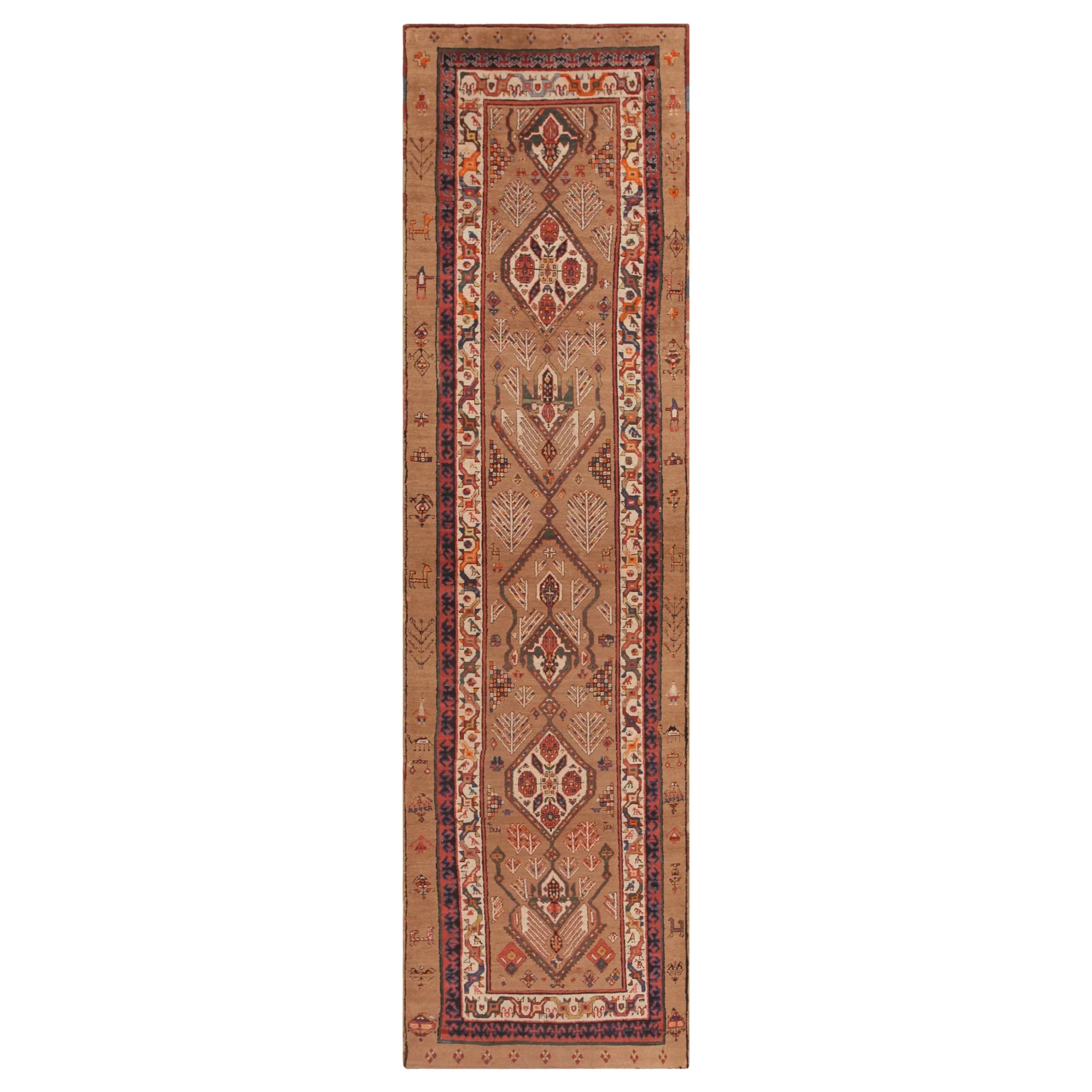 Antique Tribal Geometric Persian Serab Camel Hair Runner Rug 3'10" x 13' For Sale