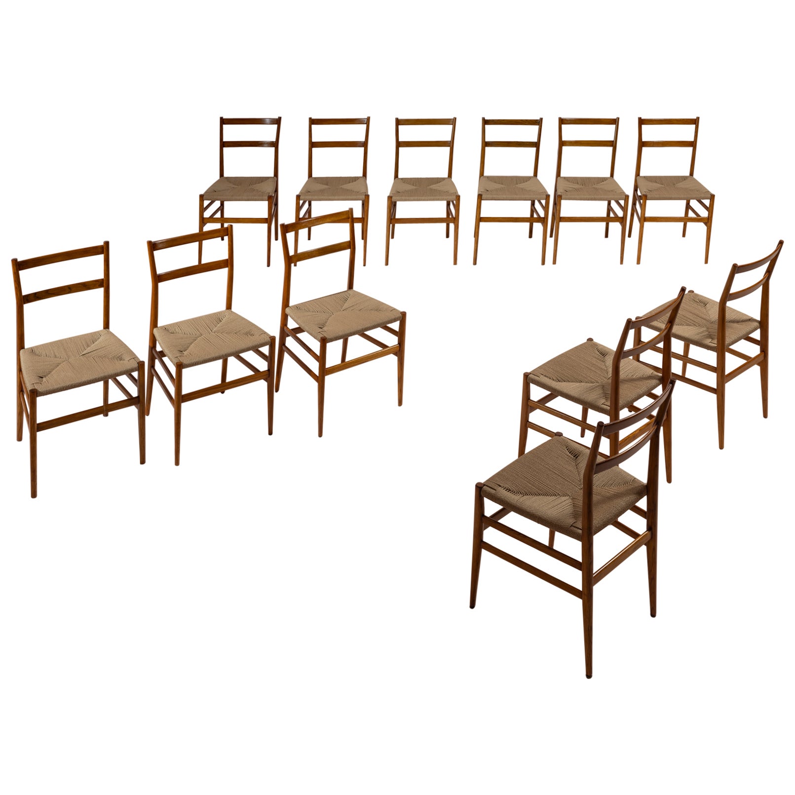 Gio Ponti set of twelve Leggera chairs with rope seat, Cassina, Italy, 1951 For Sale