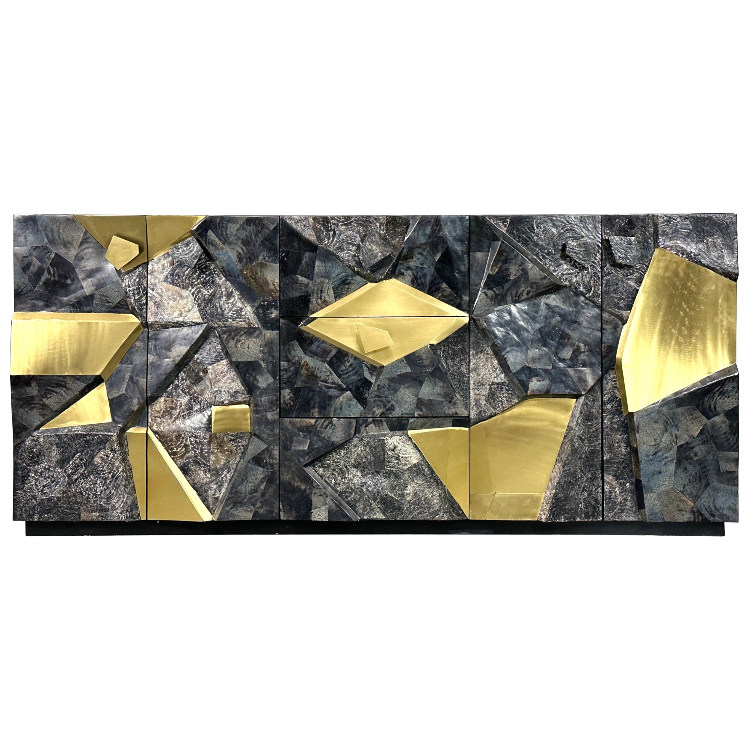 Sculptural Brutalist Stone and Brass Mosaic Credenza In the Style of Paul Evans For Sale
