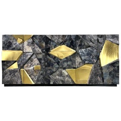 Sculptural Brutalist Stone and Brass Mosaic Credenza In the Style of Paul Evans
