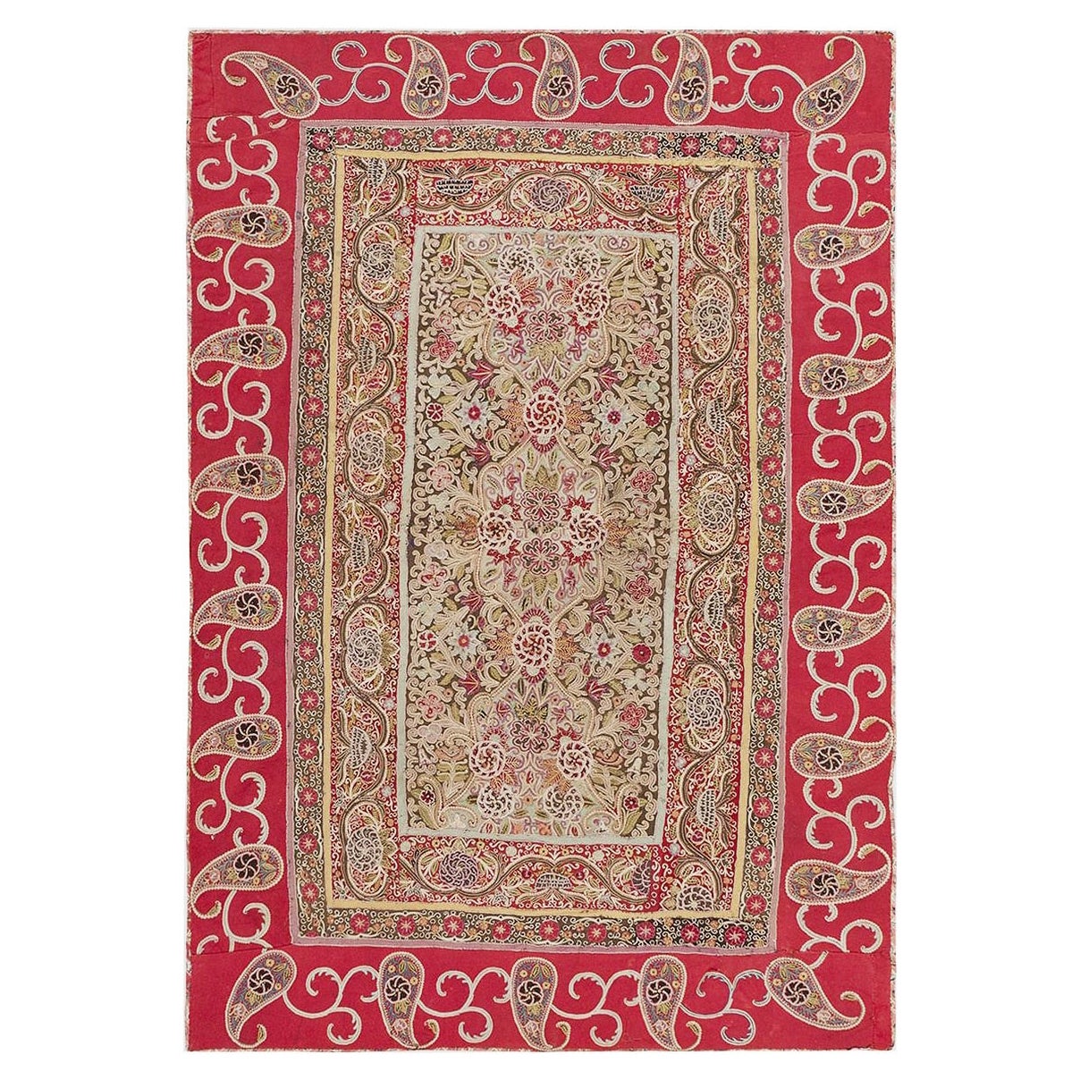 Antique Persian Paisley Rashti Embroidery Textile 3'10" x 5'7" For Sale