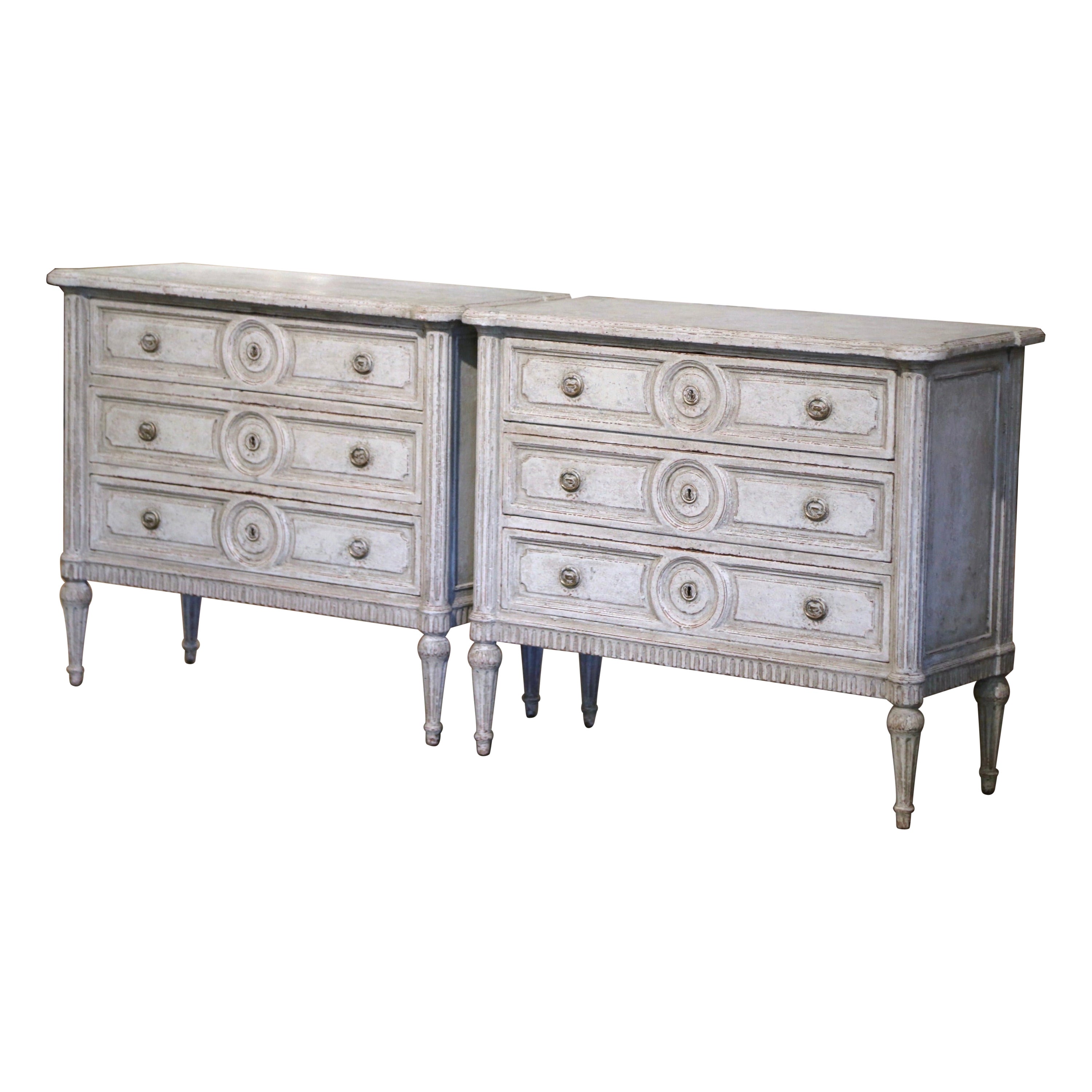 Pair of 19th Century Louis XVI Carved and Painted Three-Drawer Commodes Chests